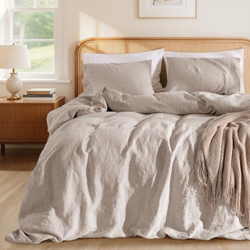 LBRO2M 100 France Linen Duvet Cover Set 3 Pcs Including 1 Flax Comforter Cover with Zipper Closure 2 Pillowcase Cozy Duvet Cover King Size Linen Color - Image 1