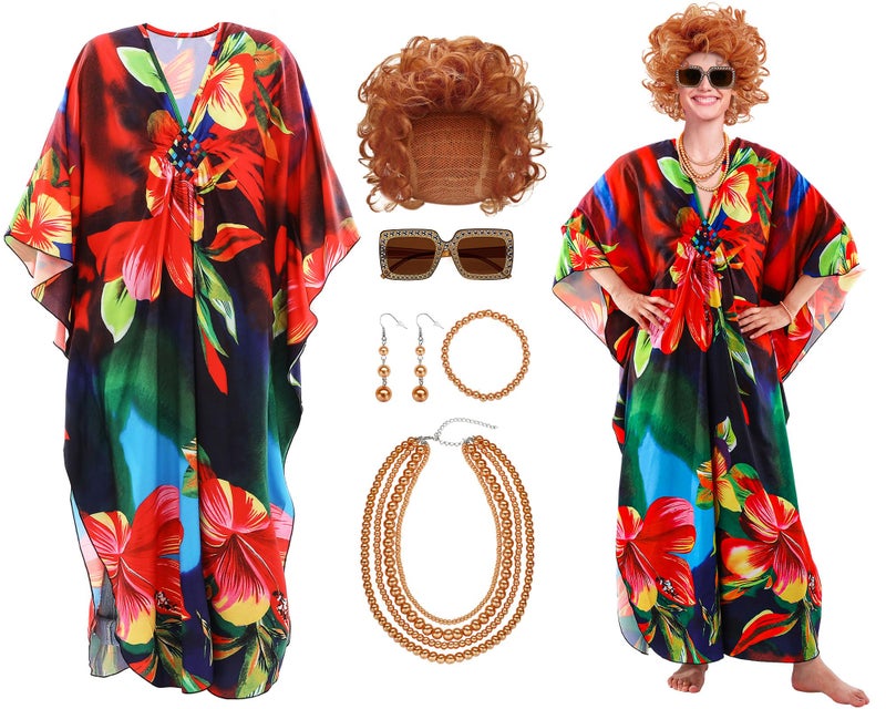 Maiteenly 6 Pcs Carnival Landlady Women Costume Curly Wig Print Caftan Dresses Jewelry Set and Sunglass for Cosplay Party(Classic) Multicolors - Image 1