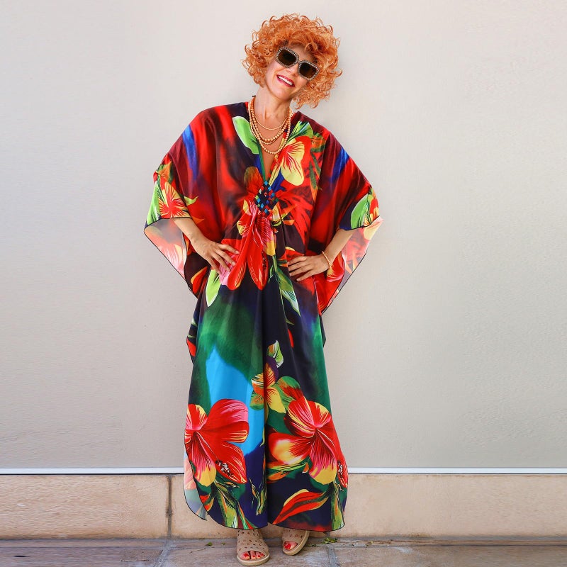 Maiteenly 6 Pcs Carnival Landlady Women Costume Curly Wig Print Caftan Dresses Jewelry Set and Sunglass for Cosplay Party(Classic) Multicolors - Image 5