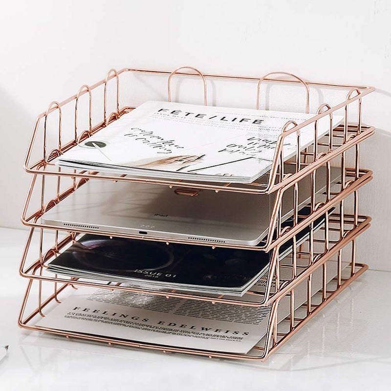 Jolitac Rose Gold 4Tier Stackable Paper Tray Desk Organizer Workspace Decorative Stacking Rack Supplies Holder Metal Letter Trays for File Documents in Home  Office Rose Gold