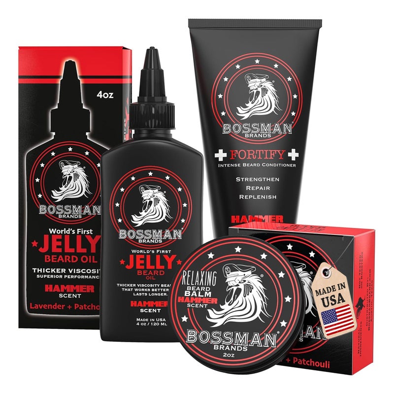Bossman Essentials Beard Kit Made in USA Jelly Beard Oil Conditioner Beard Balm Natural Ingredients Hammer Scent