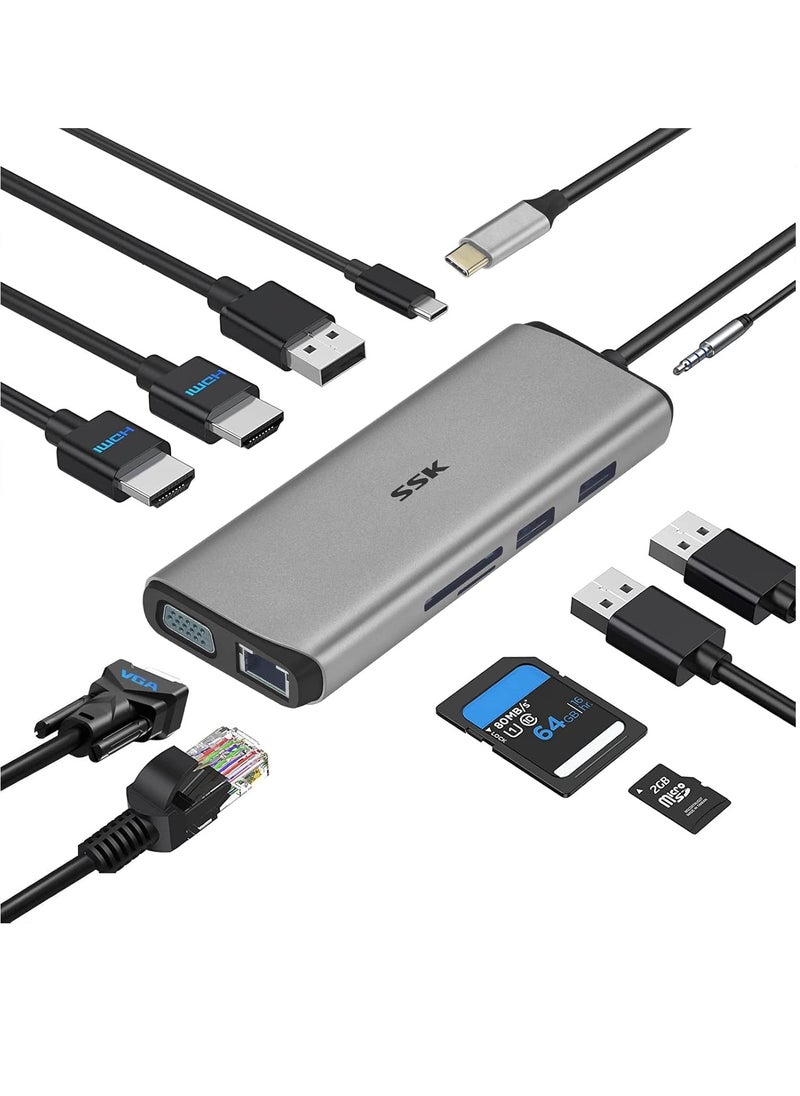 SSK 3-Display Laptop Hub, SSK 11 in 1 USB C Hub, Multi-Port Adapter with 2 HDMI, 4K, VGA, PD3.0 and RJ45 SD/TF Card Reader for MacBook/Air/iMac/Pro/XPS and More Type-C Devices  - Image 1