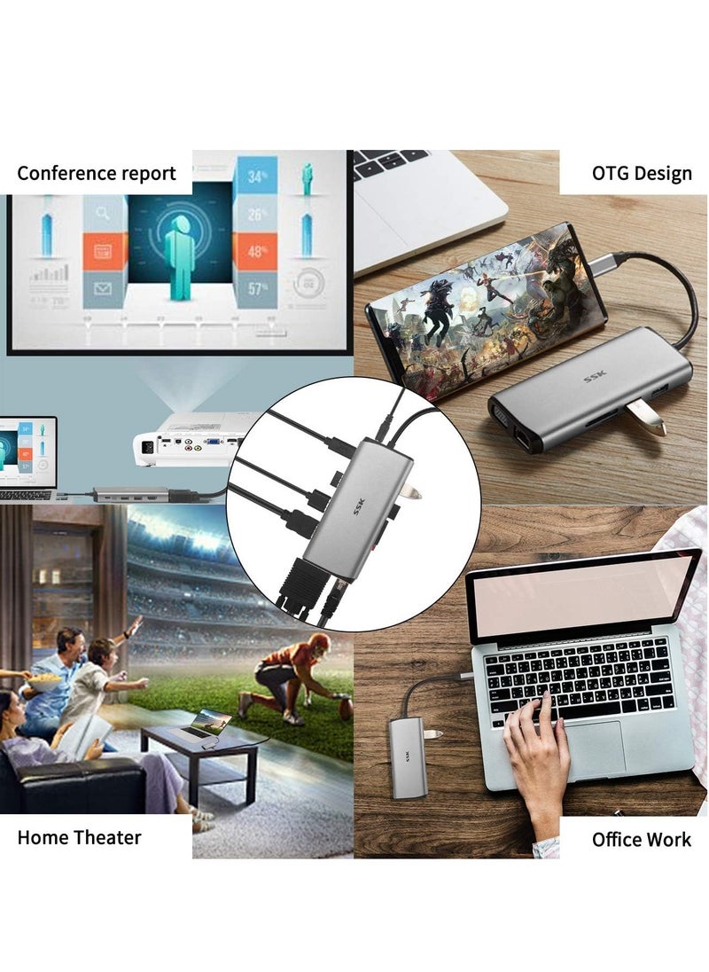 SSK 3-Display Laptop Hub, SSK 11 in 1 USB C Hub, Multi-Port Adapter with 2 HDMI, 4K, VGA, PD3.0 and RJ45 SD/TF Card Reader for MacBook/Air/iMac/Pro/XPS and More Type-C Devices  - Image 5