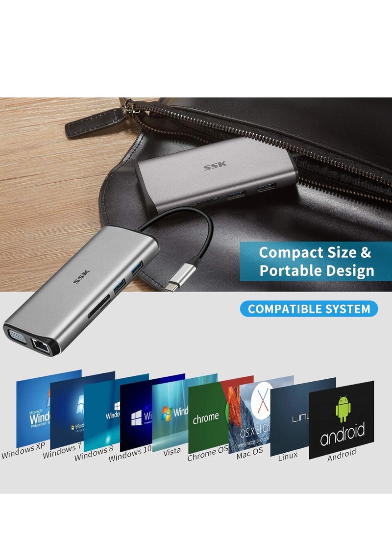 SSK - 3-Display Laptop Hub, SSK 11 in 1 USB C Hub, Multi-Port Adapter with 2 HDMI, 4K, VGA, PD3.0 and RJ45 SD/TF Card Reader for MacBook/Air/iMac/Pro/XPS and More Type-C Devices - Image 1