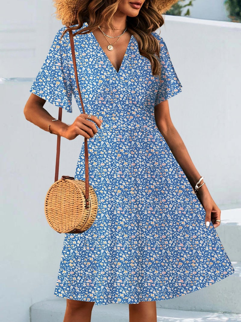 FENSACE Midi Dresses for Women Summer Empire Waist Knee Length Baby Shower Casual A Line Dress(Blue White Floral-105,Medium) - Image 3