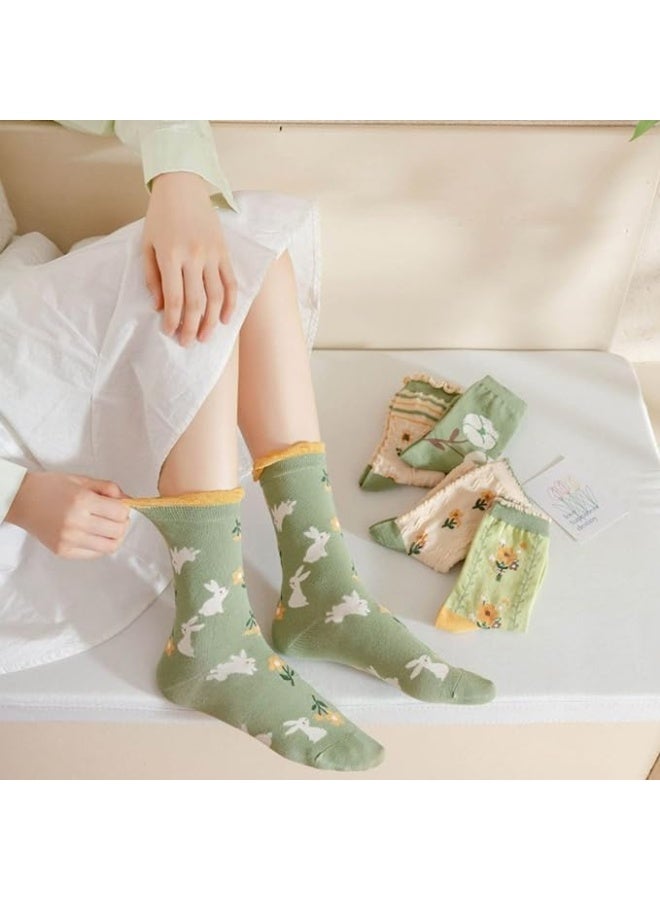 5 Pairs Floral Fashion Socks for Women, Cute Vintage Patterned Cotton, Comfortable Breathable Casual Long Socks - Image 2