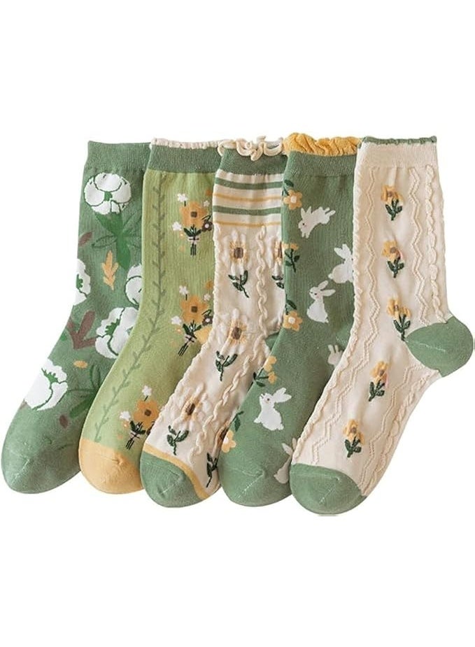 5 Pairs Floral Fashion Socks for Women, Cute Vintage Patterned Cotton, Comfortable Breathable Casual Long Socks - Image 1
