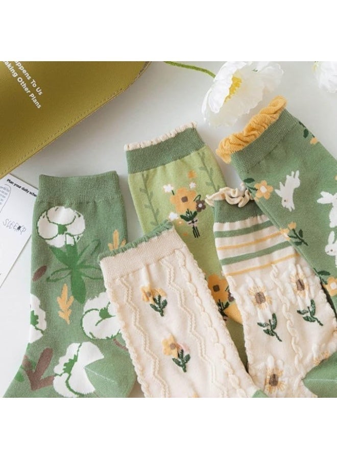 5 Pairs Floral Fashion Socks for Women, Cute Vintage Patterned Cotton, Comfortable Breathable Casual Long Socks - Image 4
