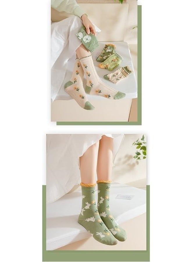 5 Pairs Floral Fashion Socks for Women, Cute Vintage Patterned Cotton, Comfortable Breathable Casual Long Socks - Image 5
