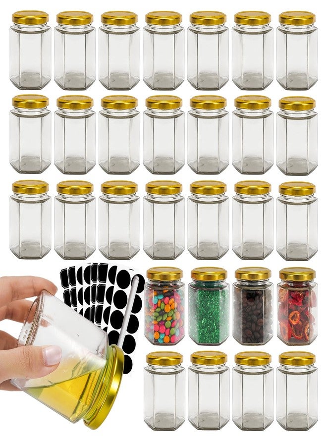 BIGIVACA مجموعة BIGIVACA من 30 برطمان زجاجي سداسي الشكل سعة 6 أونصات مع أغطية ذهبية، برطمانات زجاجية لحفظ الأطعمة مع ملصقات، مثالية لحفلات استقبال المولود الجديد، وهدايا الزفاف، وهدايا الحفلات. - Image 1