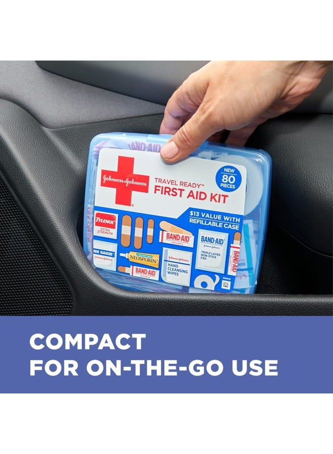 Band-Aid طقم الإسعافات الأولية المحمول للطوارئ جاهز للسفر للعناية بالجروح الطفيفة مع لاصقات لاصقة متنوعة، وسادات شاش والمزيد، مثالي للسفر، السيارة والتنقل، 80 قطعة - Image 3