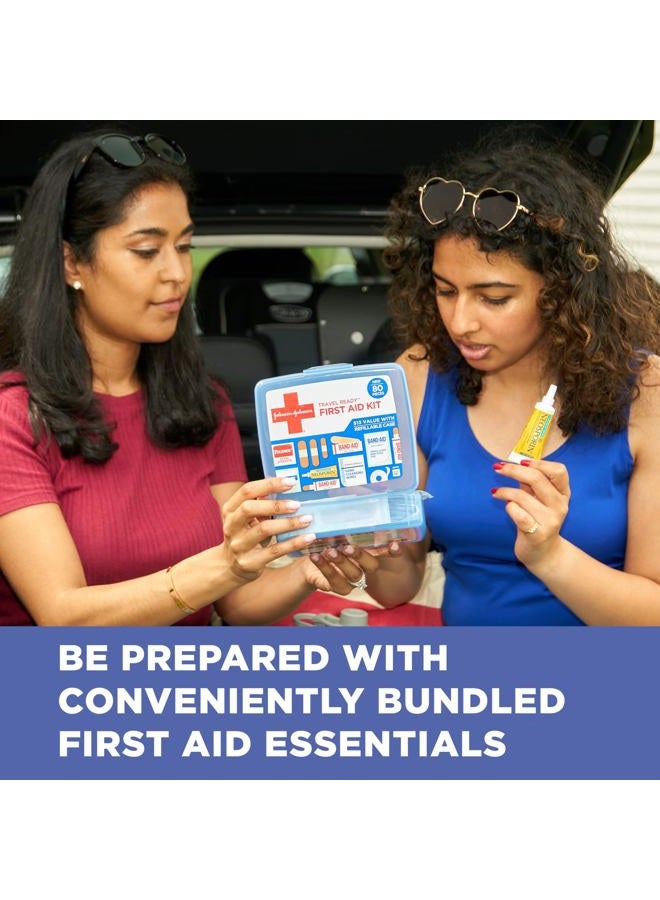 Band-Aid طقم الإسعافات الأولية المحمول للطوارئ جاهز للسفر للعناية بالجروح الطفيفة مع لاصقات لاصقة متنوعة، وسادات شاش والمزيد، مثالي للسفر، السيارة والتنقل، 80 قطعة - Image 4