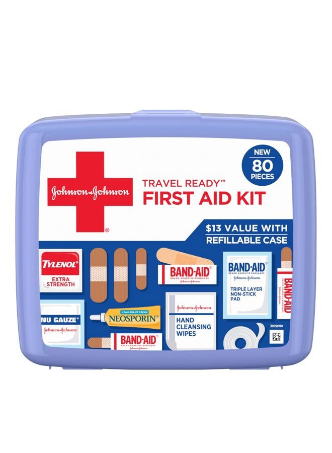 Band-Aid طقم الإسعافات الأولية المحمول للطوارئ جاهز للسفر للعناية بالجروح الطفيفة مع لاصقات لاصقة متنوعة، وسادات شاش والمزيد، مثالي للسفر، السيارة والتنقل، 80 قطعة - Image 1