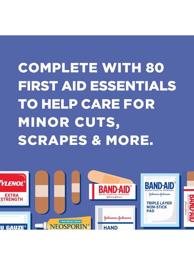 Band-Aid طقم الإسعافات الأولية المحمول للطوارئ جاهز للسفر للعناية بالجروح الطفيفة مع لاصقات لاصقة متنوعة، وسادات شاش والمزيد، مثالي للسفر، السيارة والتنقل، 80 قطعة - Image 5