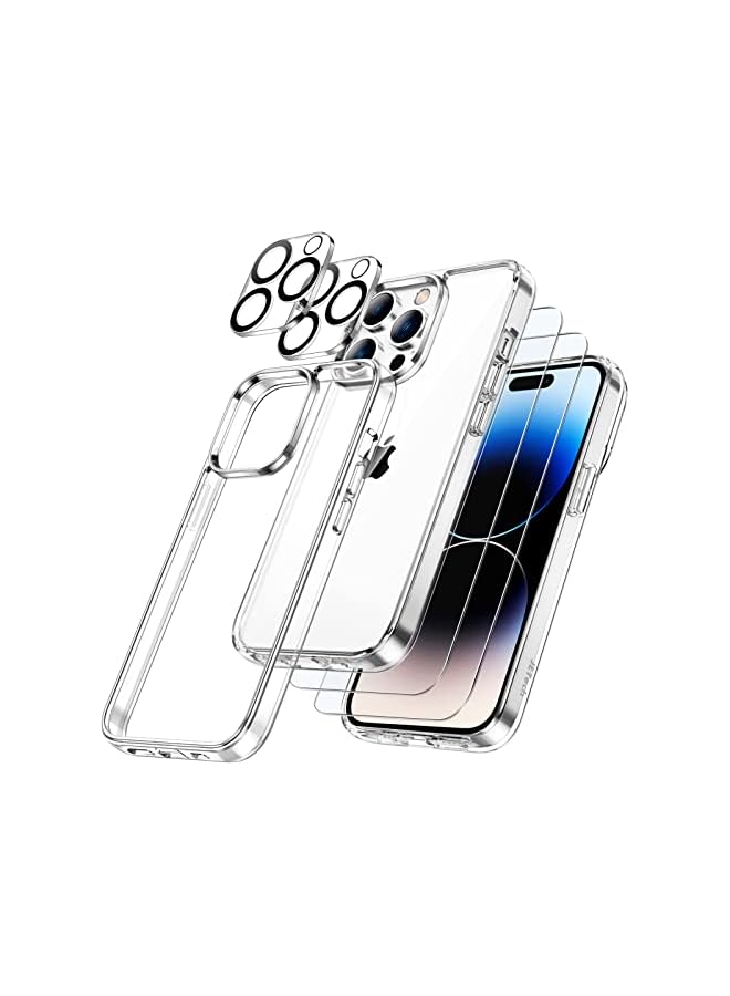 جي تيك حافظة JETech 5 في 1 لهاتف iPhone 14 Pro مقاس 6.1 بوصة، مع واقي شاشة وحامي عدسة الكاميرا، وغطاء هاتف مقاوم للصدمات غير أصفر، وطبقة زجاجية مقسى كاملة التغطية (شفاف) - Image 1