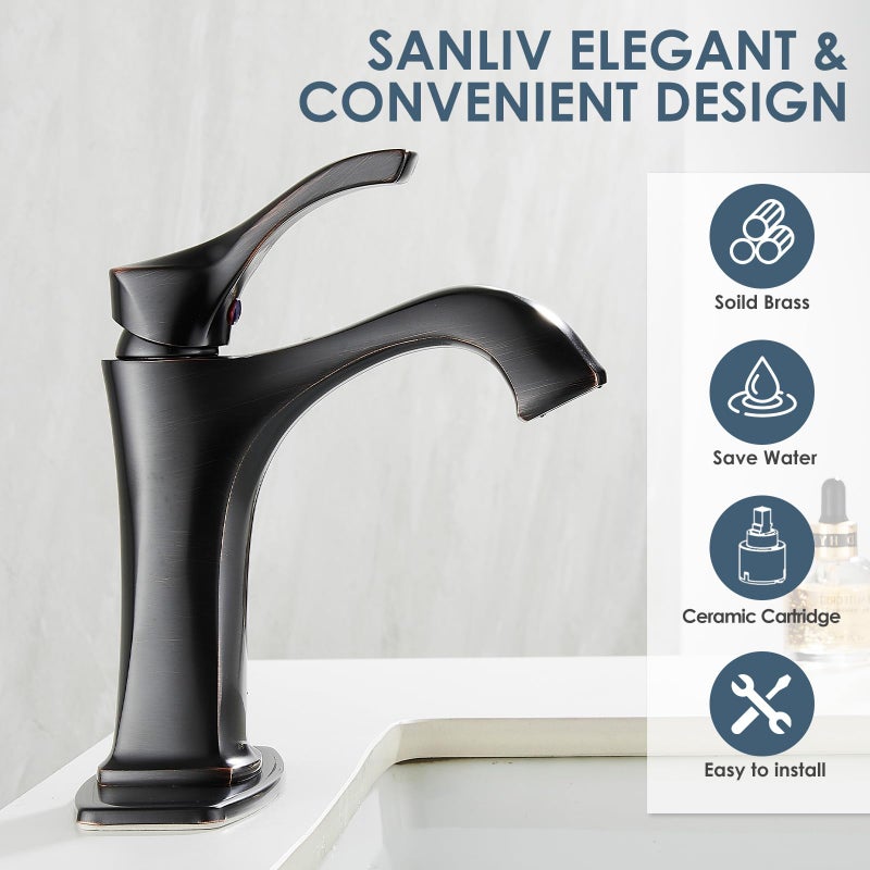 SANLIV Oil Rubbed Bronze Bathroom Faucet, Sanliv Single Handle Centerset Bathroom Sink Faucet with Pop-Up Drain & Deck Plate for 1 or 3-Hole (4 inch) Installation, Bronze Vanity Faucet, ORB - Image 3