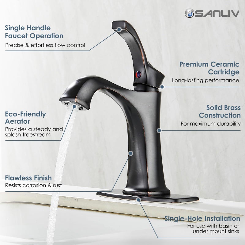 SANLIV Oil Rubbed Bronze Bathroom Faucet, Sanliv Single Handle Centerset Bathroom Sink Faucet with Pop-Up Drain & Deck Plate for 1 or 3-Hole (4 inch) Installation, Bronze Vanity Faucet, ORB - Image 4