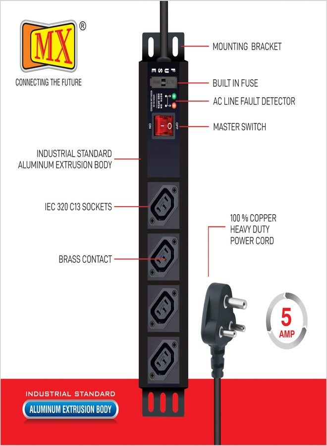 MX 4 Outlet 10 AMP IEC 320 C13 Socket Power Strip Extension Board with Built in Fuse Master Switch Wall Mount Heavy Duty 1.5m Power Cord - Image 3