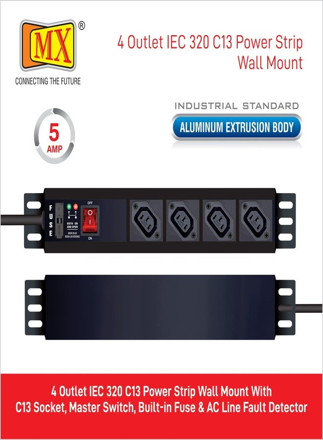 MX 4 Outlet 10 AMP IEC 320 C13 Socket Power Strip Extension Board with Built in Fuse Master Switch Wall Mount Heavy Duty 1.5m Power Cord - Image 2