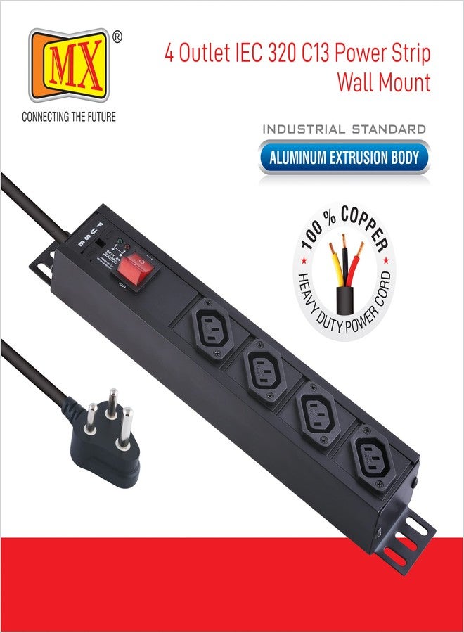 MX 4 Outlet 10 AMP IEC 320 C13 Socket Power Strip Extension Board with Built in Fuse Master Switch Wall Mount Heavy Duty 1.5m Power Cord - Image 5