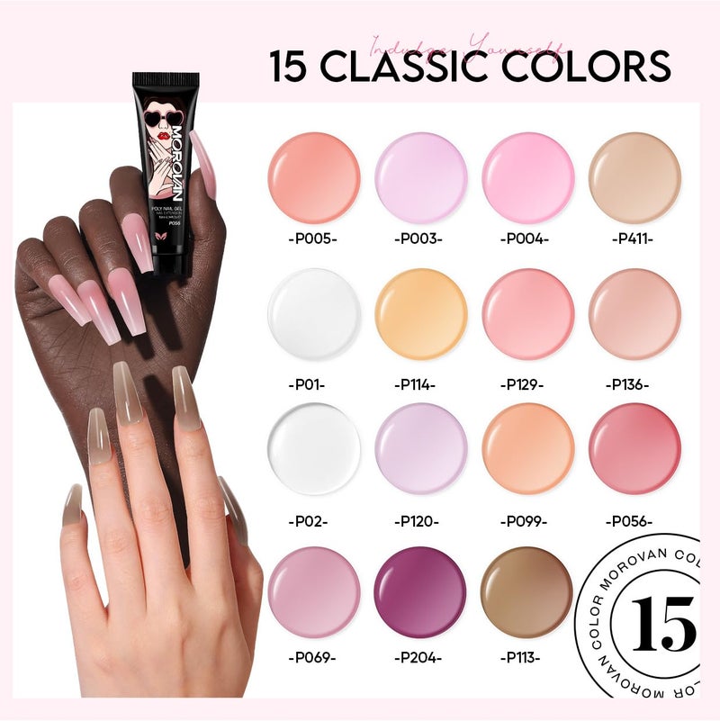 morovan Poly Gel Nail Kit for Beginners: 15 Colors Gel Extension Nail Kit with U V Light for Starters with Everything DIY Nail Art Design at Home Christmas Gift for Women Girls - Image 3