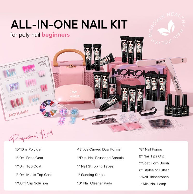 morovan Poly Gel Nail Kit for Beginners: 15 Colors Gel Extension Nail Kit with U V Light for Starters with Everything DIY Nail Art Design at Home Christmas Gift for Women Girls - Image 2