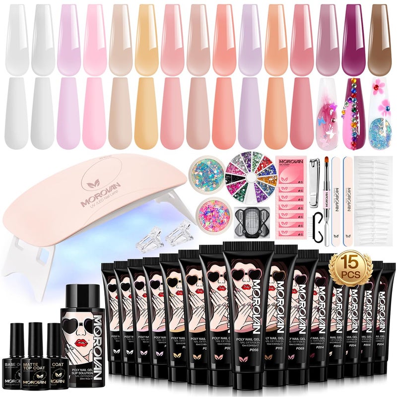 morovan Poly Gel Nail Kit for Beginners: 15 Colors Gel Extension Nail Kit with U V Light for Starters with Everything DIY Nail Art Design at Home Christmas Gift for Women Girls - Image 1