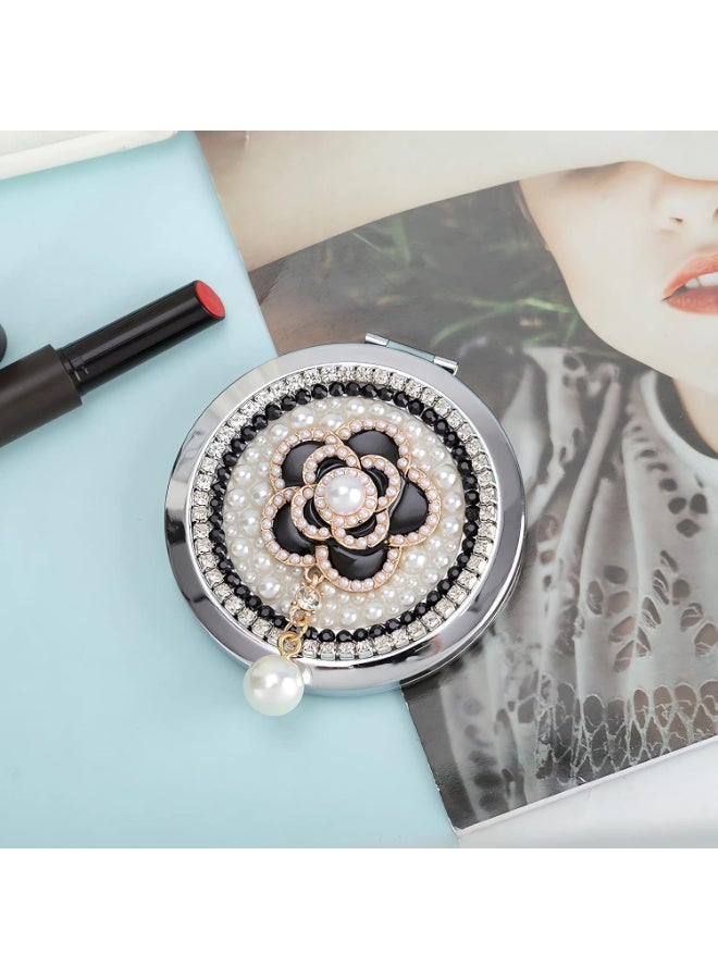 Decorative Compact Pocket Mirror for Women, 1x/2x Magnification, Camellia Design with Pearls & Diamonds, 7cm - Image 5