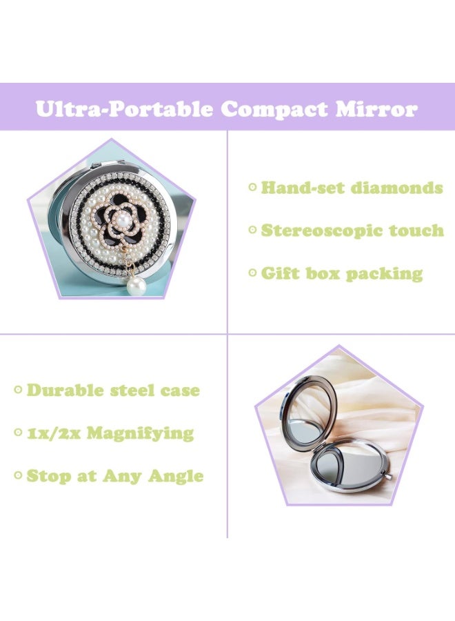Decorative Compact Pocket Mirror for Women, 1x/2x Magnification, Camellia Design with Pearls & Diamonds, 7cm - Image 3
