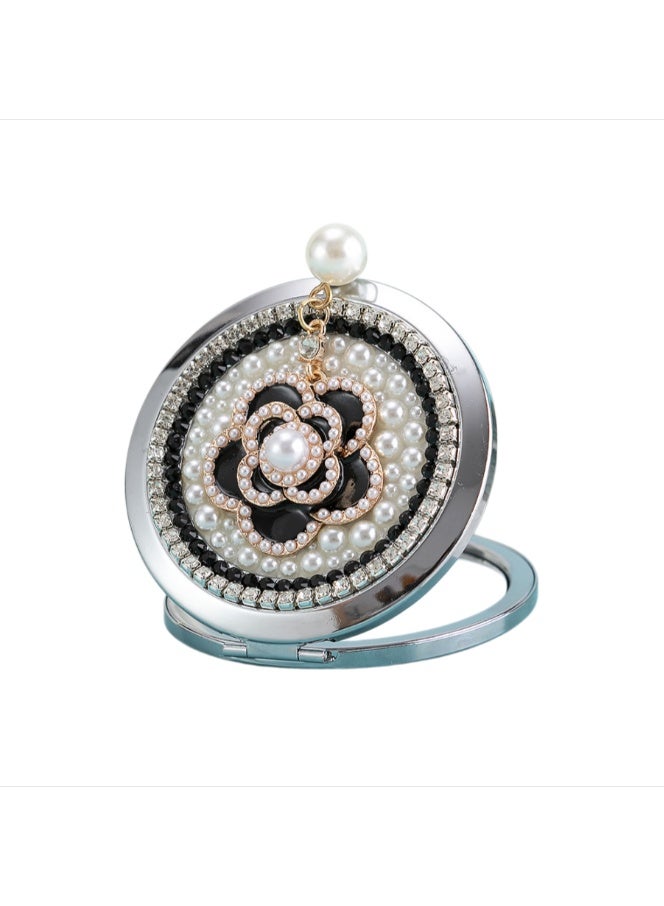 Decorative Compact Pocket Mirror for Women, 1x/2x Magnification, Camellia Design with Pearls & Diamonds, 7cm - Image 1