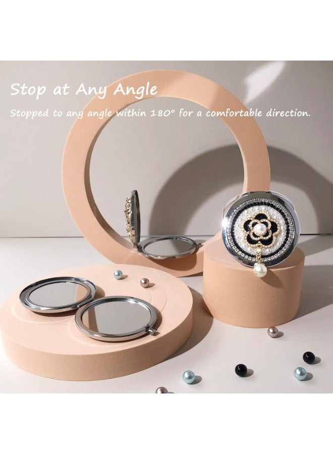 Decorative Compact Pocket Mirror for Women, 1x/2x Magnification, Camellia Design with Pearls & Diamonds, 7cm - Image 4