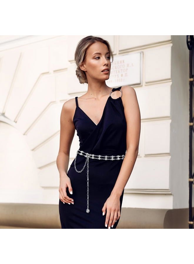 Amaxiu Women Rhinestone Chain Belt for Dress - Metal Flower Adjustable Crystal Slim Waist Belt, 110 - Image 3