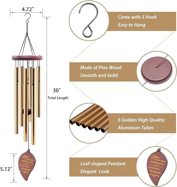 ZUMIE Memorial Wind Chimes 30 Wooden Sympathy Wind Chimes Memorial Wind Chime for Loss of Loved One Mother Father 6 Rustproof Aluminum Tubes Wooden Wind Bell Sympathy Romantic Wind Chimes - Image 5