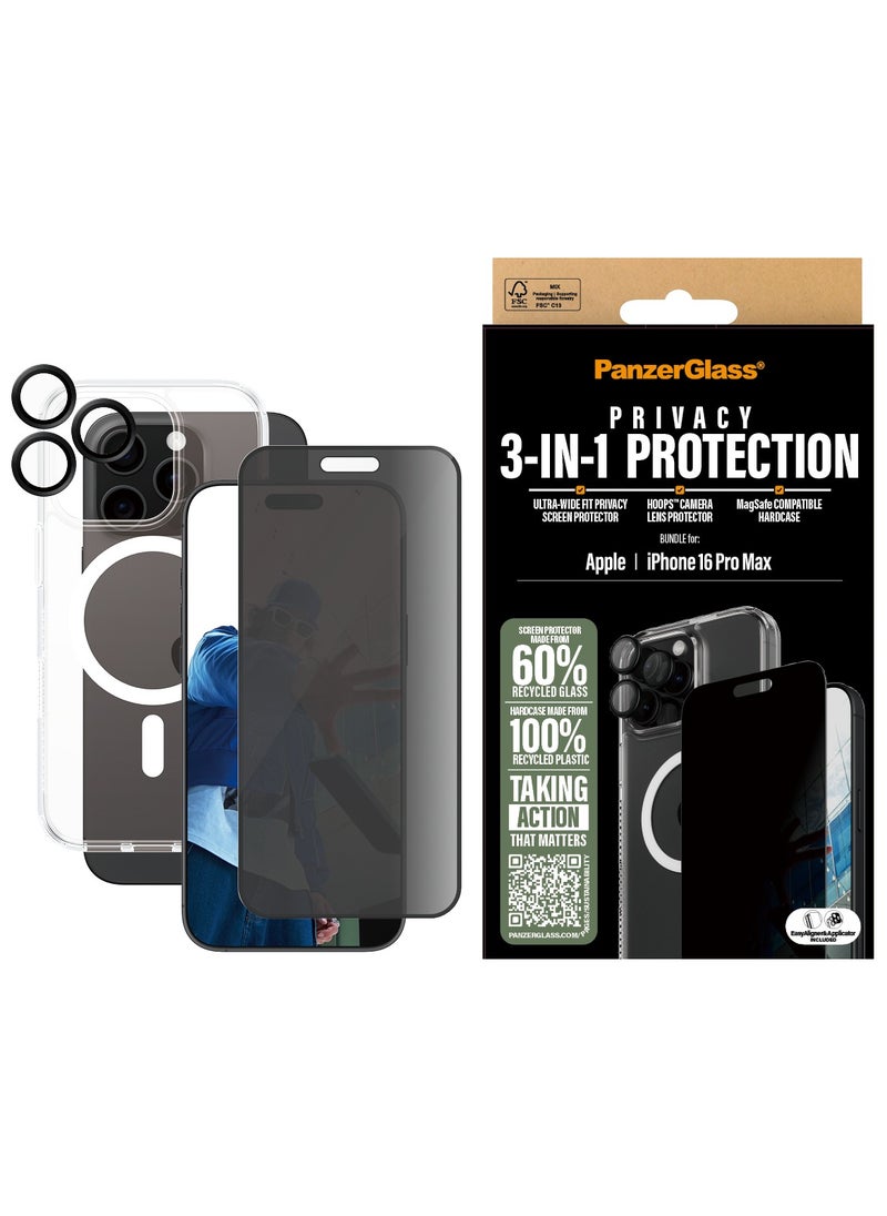 PanzerGlass - PanzerGlass® 3-in-1 Protection Pack for Apple iPhone 16 Pro Max, Screen Protector, MagSafe compatible HardCase, Camera Lens Protector, Tempered Glass - with mounting aid for easy installation - Image 1