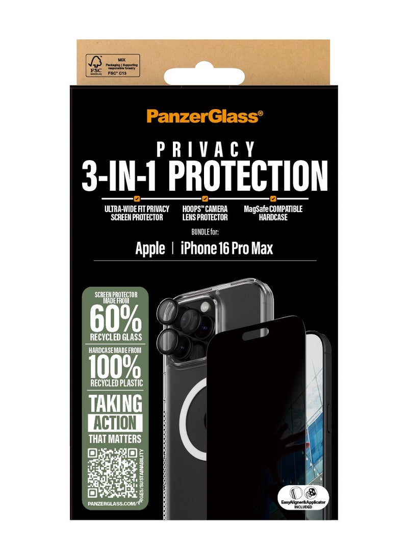 PanzerGlass - PanzerGlass® 3-in-1 Protection Pack for Apple iPhone 16 Pro Max, Screen Protector, MagSafe compatible HardCase, Camera Lens Protector, Tempered Glass - with mounting aid for easy installation - Image 1