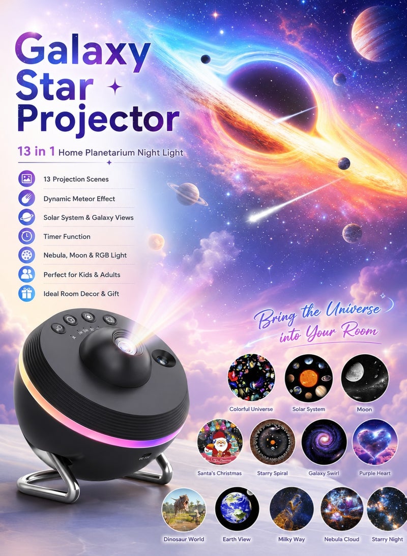 BGM Galaxy Star Projector, 13 in 1 Home Planetarium Night Light Projector with Dynamic Meteor, Space Solar System Ceiling Projector with Timer/Nebula/Moon/RGB Light for Adult Kid Gift Room Decor - Image 1