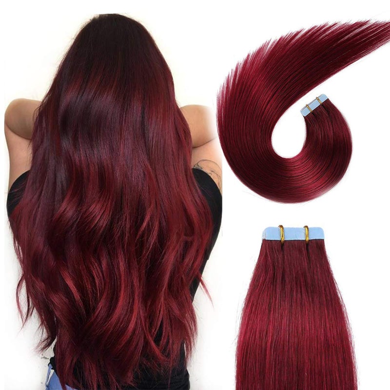 SUYYA Tape in Hair Extensions Human Hair Wine Red 14 inch 100 Remy Human Hair 40gpack 20pcs Straight Seamless Skin Weft Tape Hair Extensions 99j 14 inches Burgundy