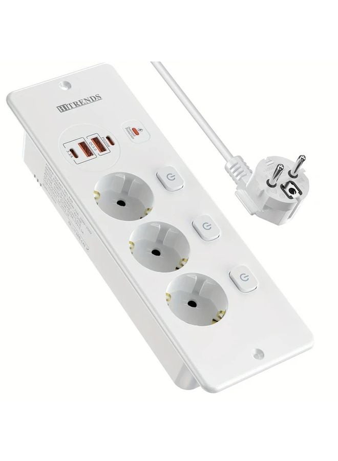 3 Outlet Retractable Power Strip With 2 USB Ports 2 USB C Ports 2 Meter White Cable - Image 1