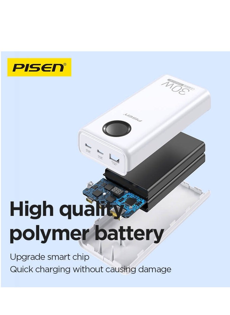 Pisen - 20,000 mAh Portable Power Bank PD30W Two Way Quick Charging Output Input Dual Type C + USB A LED Display External Battery Pack for iPhone, Samsung and other devices. - Image 1