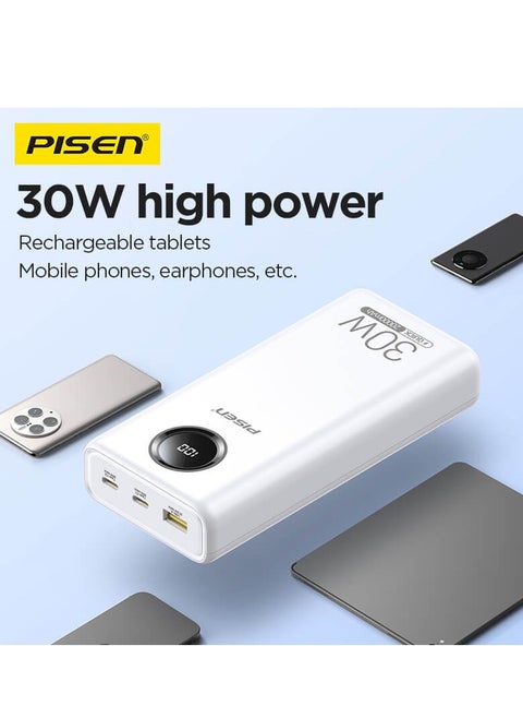 20,000 mAh Portable Power Bank PD30W Two Way Quick Charging Output Input Dual Type C + USB A LED Display External Battery Pack for iPhone, Samsung and other devices.