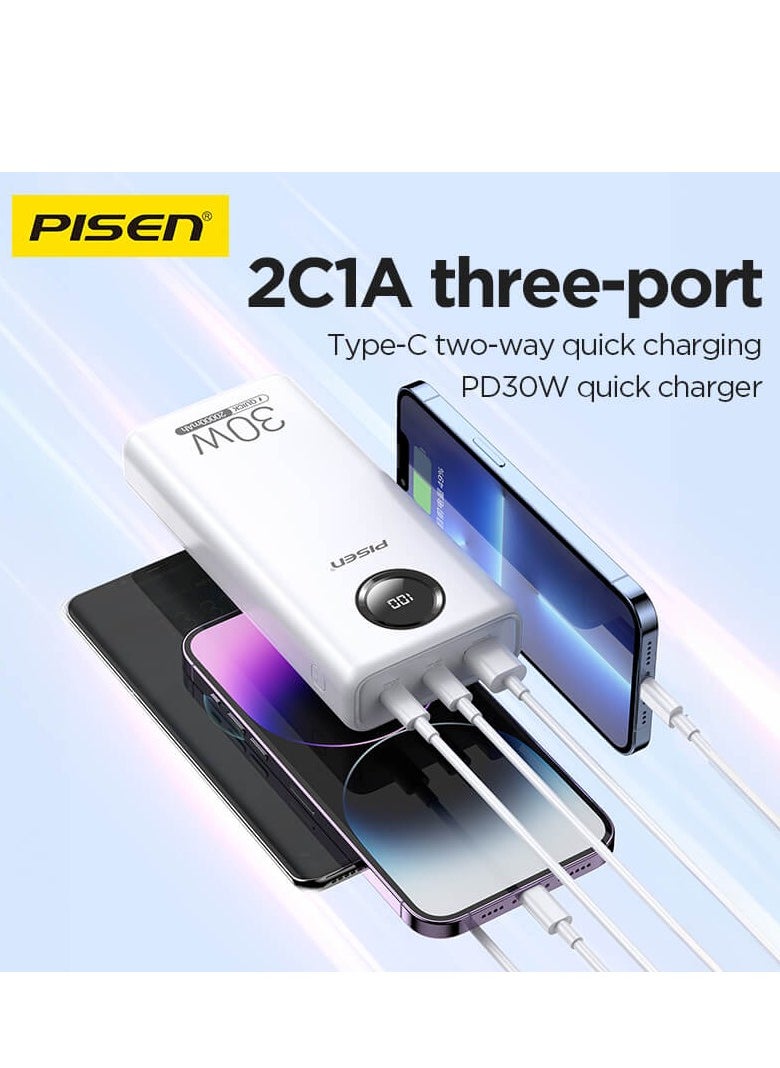 Pisen - 20,000 mAh Portable Power Bank PD30W Two Way Quick Charging Output Input Dual Type C + USB A LED Display External Battery Pack for iPhone, Samsung and other devices. - Image 1