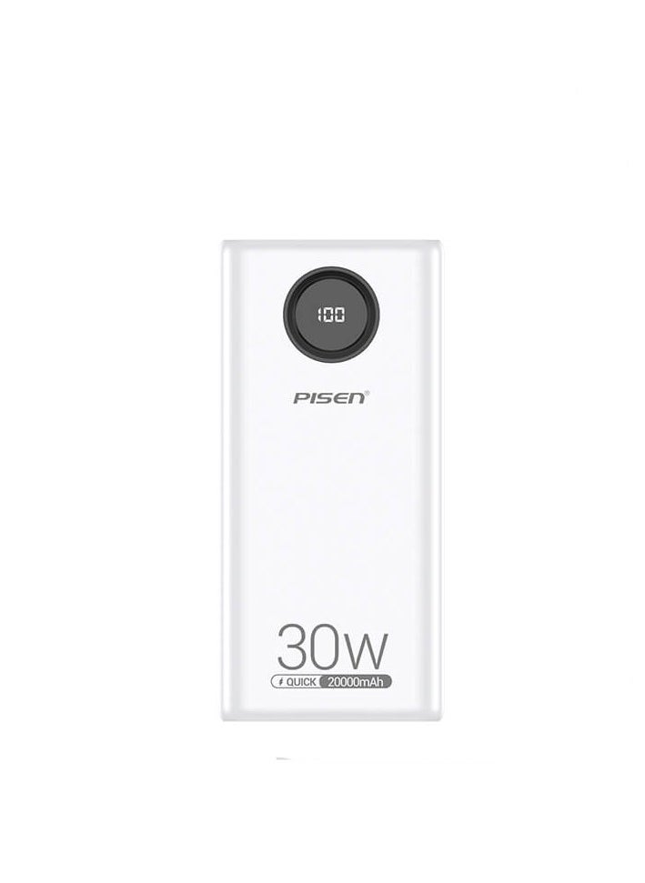 Pisen - 20,000 mAh Portable Power Bank PD30W Two Way Quick Charging Output Input Dual Type C + USB A LED Display External Battery Pack for iPhone, Samsung and other devices. - Image 1