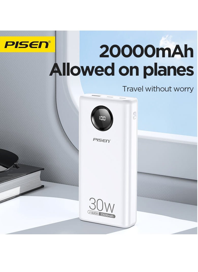 Pisen - 20,000 mAh Portable Power Bank PD30W Two Way Quick Charging Output Input Dual Type C + USB A LED Display External Battery Pack for iPhone, Samsung and other devices. - Image 1