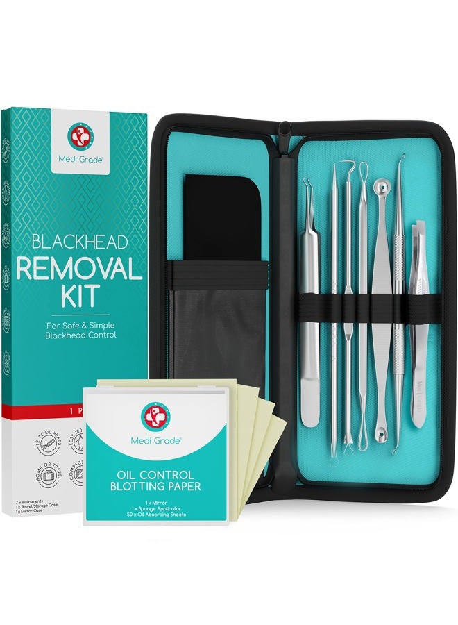 Medi Grade Blackhead Remover Tools - Effective Spot Treatment Popping Kit for Acne Prone Skin - 7 Skincare Tools with 50 Sheets of Oil Absorbing Blotting Paper, Pimple Popper Spot Treatment Kit - Image 1