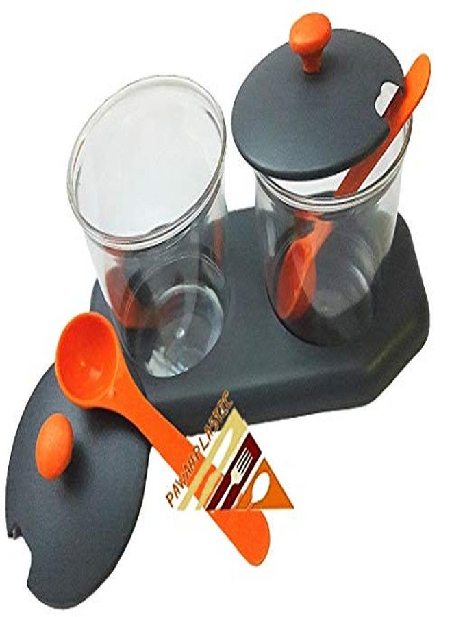 Pawan Plastic PP Stylish Kitchen All in one Multipurpose 2 Pickles Suger Muckhwas Snacks Serving jar Set with Beautiful Stand & Spoons (Colours May Vary) - Image 1