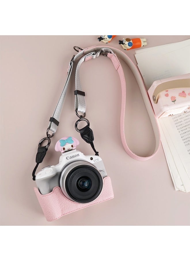 Generic Suitable For Canon R10 Camera Bag R50 Camera Protective Case R100 Protective Case Retro Leather Case Micro Single Crosbody Bag-Color:D: R50/r100 Lili Pattern (pink) Single Base + V303 Shoulder Strap, Free Screen Tempered Film  - Image 1