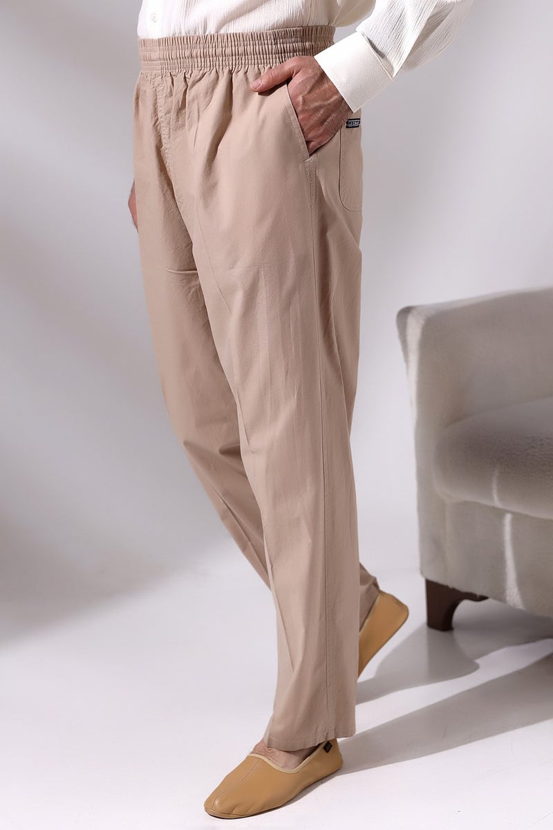 İhvan Online Men's Beige Çınar Casual Cut Elastic Waist Hajj and Umrah Linen Shalwar Trousers  - Image 1