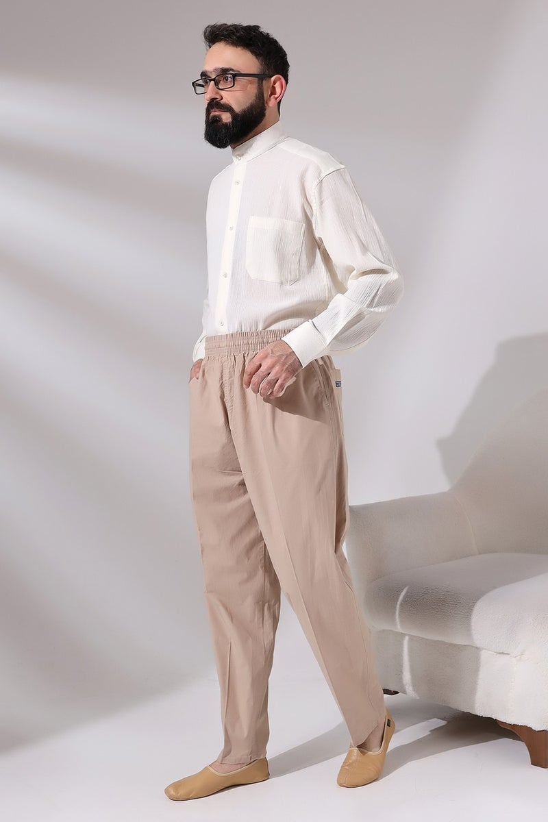 İhvan Online Men's Beige Çınar Casual Cut Elastic Waist Hajj and Umrah Linen Shalwar Trousers  - Image 5