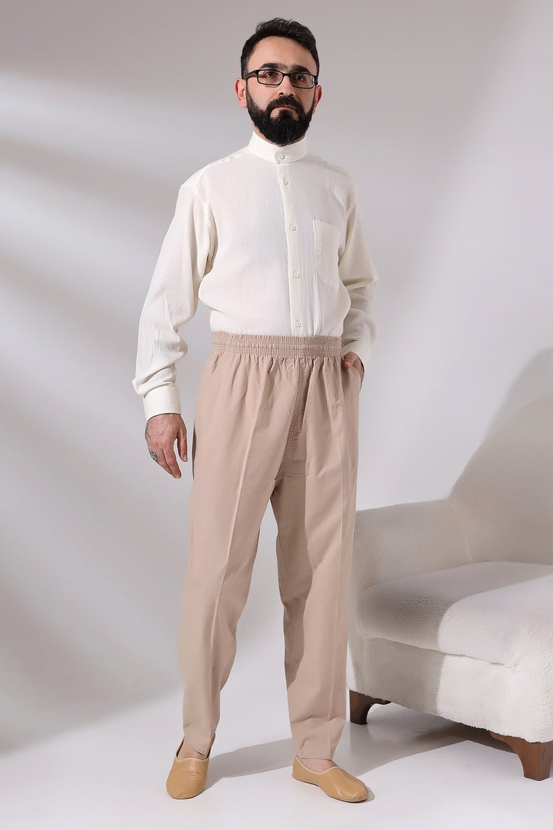 İhvan Online Men's Beige Çınar Casual Cut Elastic Waist Hajj and Umrah Linen Shalwar Trousers  - Image 4
