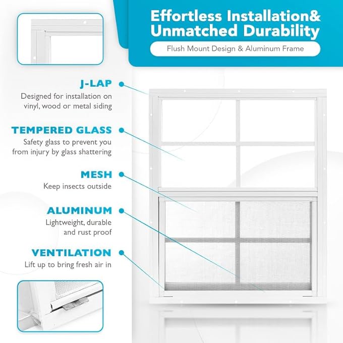 2 Pack Shed Window 18" X 23" - Ultra Thick White Aluminum Flush Mount With Tempered Glass And Screen - Shed Windows With Vertical Slider And Screws For Chicken Coop, Sheds, Barns, Playhouses - Image 3